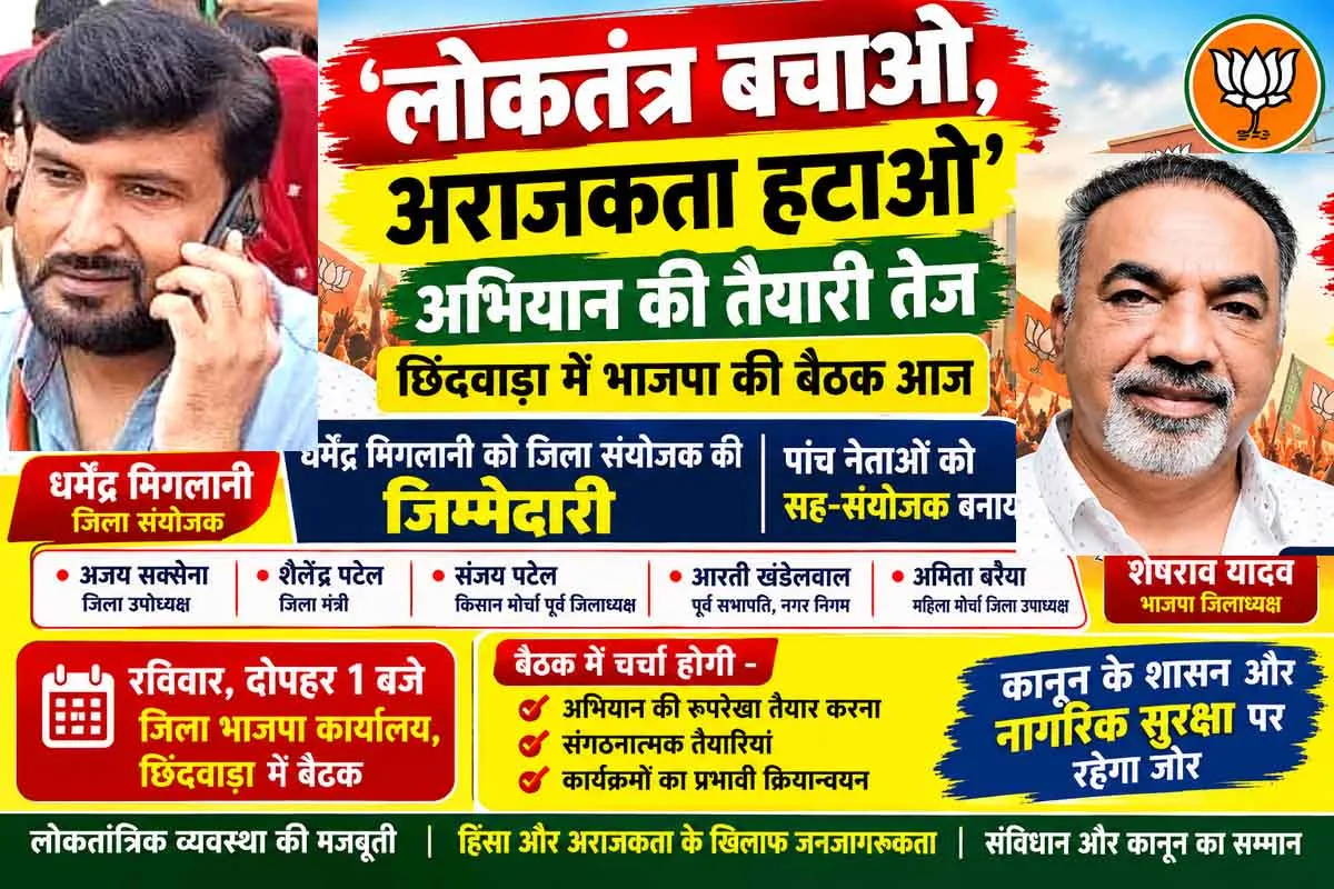 छिंदवाड़ा में भाजपा की बैठक आज, धर्मेंद्र मिगलानी को जिला संयोजक की जिम्मेदारी
