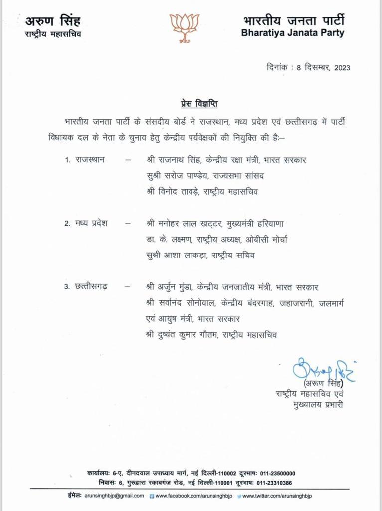 विधायक दल के नेता के लिए भाजपा ने पर्यवेक्षक नियुक्त किये