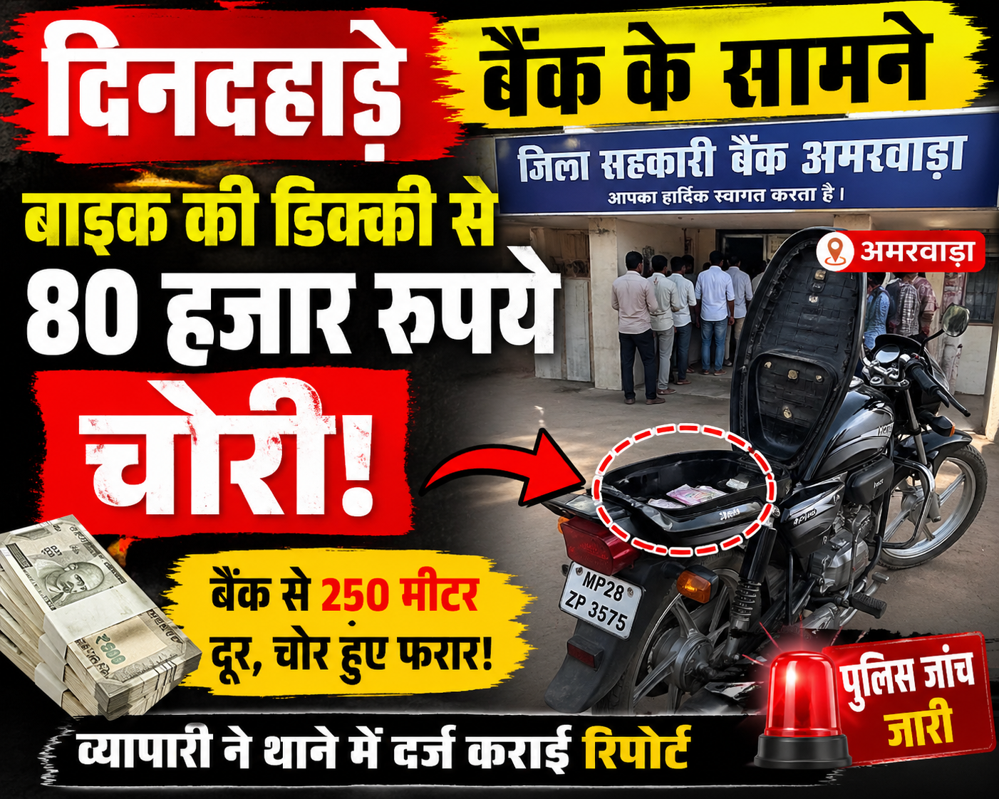 दिनदहाड़े बैंक के सामने खड़ी बाइक की डिक्की से 80 हजार रुपये चोरी