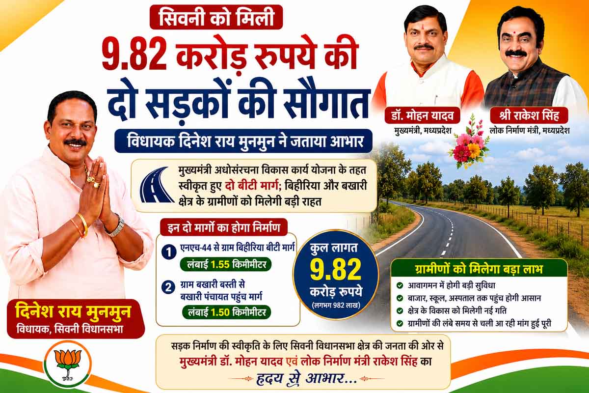 सिवनी को 9.82 करोड़ की दो सड़कों की सौगात, विधायक दिनेश राय मुनमुन ने जताया आभार