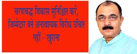 चरणबद्ध विकास सुनिश्चित करें, जिम्मेदार बने अनावश्यक विरोध उचित नहीं - खुराना सिवनी यशो:- सिवनी नगरपालिका परिषद द्वारा सड़को के कायाकल्प सुदृर्णीकरण के अंतर्गत नगर के प्रमुख मार्गो की 13 सड़को का डामरीकरण भूमि पूजन कार्यक्रम में जिला कांग्रेस कमेटी के अध्यक्ष राजकुमार खुराना ने कहा कि कांग्रेस बीजेपी दोनो पार्टी ने चुनाव के समय अपने अपने घोषणा पत्र जारी किये है। क्यो न जनता से किये गये दोनो घोषणा पत्र के वादे पूरे करने का काम नगर पालिका करें। महात्मा गांधी जी ने पंचायती राज का सपना इसीलिये देखा था कि वार्ड के अंतिम व्यक्ति को अपनी बात रखने का अवसर प्राप्त हो, पार्षदो को वार्ड की जनता ने नगरपालिका इस लिये पंहुचाया है कि वह उनकी मूलभूत सुविधा बिजली, पानी, सडक, नाली, साफ सफाई की व्यवस्था करें, ना कि वार्ड की जनता को लेकर नगरपालिका में घड़े-मटके फोड़े। दलसागर तालाब में जो कार्य हो रहा है उसकी सिल्ट और गंदगी निकालना अत्यंत आवश्यक है, तलाब को बार बार खाली नही किया जा सकता, तलाब से निकलने वाली सिल्ट का उपयोग किसानों के साथ साथ बगीचों एवं खेतो में किया जा सकता है। सबसे कम विकसित और मूलभूत सुविधाओं से वंचित एक वार्ड को चिंहित करके उस वार्ड में कार्य करके दिखाये और चरणबद्ध तरीके से विकास कार्य करना होगा। खुराना ने आगे कहा कि सिवनी नगरपालिका विकास में पिछड़ापन होने का कारण विधायक दिनेश राय मुनमुन ने स्वयं मंच से बताया कि पिछली भाजपा शासित परिषद ने उनकी दी गयी विधायक निधि का उपयोग नही किया, उस राशि से कोई विकास कार्य नही कराया, मुनमुन राय को विधायक निधि की राशि नगरपालिका से वापिस लेनी पड़ी, मंच से अपनी ही पार्टी की बखिया उधेड़ते हुये भाजपा में व्याप्त गुटबाजी को दर्शाया जिसके कारण नगर विकास अवरूद्ध हुआ। कांग्रेस पार्टी ने जो वादे नगरपालिका चुनाव में सिवनी की जनता से किये थे, नगरपालिका अध्यक्ष शफीक खान एवं परिषद इसे चरणबद्ध तरीके से पूर्ण करने का कार्य कर रही है।