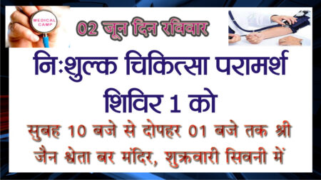 नि:शुल्क चिकित्सा परामर्श शिविर 02 जून को सिवनी यशो:- डॉक्टर यू.सी. मालू वेलफेयर सोसायटी सिवनी के तत्वावधान में अब आपके नगर में विशेषज्ञों द्वारा नि:शुल्क चिकित्सा परामर्श शिविर का आयोजन रविवार, 02 जून को सुबह 10 बजे से दोपहर 01 बजे तक श्री जैन श्वेताम्बर मंदिर, शुक्रवारी सिवनी में किया जा रहा है. उक्त नि:शुल्क चिकित्सा परामर्श शिविर में इंदौर के सुप्रसिद्ध हड्डी व जोड़ रोग विशेषज्ञ डॉ. शान्तनु जैन फ्रेक्चर, रीढ़ जोड़ एवं हड्डी रोग विशेषज्ञ एवं सर्जन द्वारा अपनी सेवायें दी जायेगी. जिसके अंतर्गत फ्रेक्चर, घुटना प्रत्यारोपण, विकृतियाँ, ट्रामा सर्जरी, जोड़ों के दर्द, कूल्हा प्रत्यारोपण, पीठ दर्द का इलाज किया जायेगा. संबंधित मरीजगण उक्त शिविर का लाभ उठाने हेतु मोबाईल नंबर 9340724824 में अपना रजिस्ट्रेशन करायें.