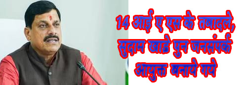   भोपाल :- प्रदेश में लगातार हो रही प्रशासनिक सर्जरी के तहत प्रदेश के मुख्यमंत्री डाँ. मोहन यादव (Chief Minister Dr. Mohan Yadav) ने 14 आईएएस अधिकारियों को गुरूवार देर रात आदेश जारी कर बदल दिया । मोहन सरकार ने गुरुवार की रात आदेश जारी किया। इस आदेश में प्रशासनिक सेवा (administrative Services) के 14  अधिकारियों के तबादले कर दिए गए हैं। इसके पूर्व 19 आईएएस अधिकारियों को बदला गया था । तबादले वाले इन अफसरों में कई बड़े नाम शामिल हैं। सुदाम खांडे को पुन: जनसंपर्क विभाग का आयुक्त (Commissioner of Public Relations Department) बनाया गया है । जारी आदेश मेंं अपर मुख्य सचिव, सचिव और अपर सचिव (Additional Chief Secretary, Secretary and Additional Secretary) स्तर के अधिकारी भी हैं। सीनियर आईएएस अधिकारी जे. एन. कंसोटिया (Senior IAS officer J. N. Consotiya) लंबे समय से शक्तिशाली विभागों में रहे उन्हे अब प्रशासन अकादमी का महानिदेशक बनाकर भेजा गया है। इसके अलावा आईएएस विनोद कुमार जो कि प्रशासन अकादमी के पूर्व महानिदेशक थे। उन्हे आदिम जाति अनुसंधान एवं विकास संस्थान का संचालक बनाया गया है। स्कूल शिक्षा विभाग की प्रमुख सचिव रही रश्मि अरुण शमी को खाद्य विभाग, नागरिक आपूर्ति और उपभोक्ता संरक्षण का पदभार सौंपा गया है। 1. विनोद कुमार - महानिदेशक, आरसीव्हीपी नरोन्हा प्रशासन एवं प्रबंधकीय अकादमी, मप्र, भोपाल नई पदस्थापना: संचालक, आदिम जाति अनुसंधान एवं विकास संस्थान, भोपाल 2. जे.एन. कांसोटिया - अपर मुख्य सचिव, मप्र शासन, वन विभाग नई पदस्थापना: महानिदेशक, आरसीव्हीपी नरोन्हा प्रशासन एवं प्रबंधकीय अकादमी, मप्र, भोपाल 3. अशोक बर्णवाल - अपर मुख्य सचिव, मप्र शासन, किसान कल्याण तथा कृषि विकास विभाग नई पदस्थापना: अपर मुख्य सचिव, मप्र शासन, वन विभाग 4. रश्मि अरुण शमी - प्रमुख सचिव, स्कूल शिक्षा नई पदस्थापना: प्रमुख सचिव खाद्य, नागरिक आपूर्ति एंव उपभोक्ता संरक्षण 5. एम सेलवेन्द्रन - पंजीयन महानिरीक्षक एवं अधीक्षक, मुद्रांक मप्र, भोपाल नई पदस्थापना: सचिव, मप्र शासन, किसान कल्याण तथा कृषि विभाग विभाग 6. डॉ. संजय गोयल - सचिव, मप्र शासन, तकनीकी शिक्षा कौशल विकास एवं रोजगार विभाग नई पदस्थापना: सचिव, मप्र शासन, स्कूल शिक्षा विभाग 7. रघुराज एम. आर. - प्रबंध संचालक, मप्र पावर मैनेजमेंट कंपनी लिमिटेड, जबलपुर नई पदस्थापना: सचिव, मप्र शासन, तकनीकी शिक्षा कौशल विकास एवं रोजगार विभाग 8. डॉ. सुदाम पंढरीनाथ खांडे - आयुक्त, ग्वालियर संभाग नई पदस्थापना: आयुक्त, जनसंपर्क, मप्र, भोपाल 9. बाबू सिंह जामोद - आयुक्त, शहडोल संभाग  नई पदस्थापना: आयुक्त, रीवा संभाग अतिरिक्त प्रभार: आयुक्त, शहडोल संभाग 10. स्वतंत्र कुमार सिंह - आयुक्त, वाणिज्यिक कर इंदौर तथा श्रम आयुक्त, मप्र, इंदौर नई पदस्थापना: संचालक, भोपाल गैस त्रासदी राहत एवं पुनर्वास, भोपाल 11. कृष्ण गोपाल तिवारी - सचिव, मप्र शासन, जल संसाधन विभाग नई पदस्थापना: आयुक्त, नर्मदापुरम संभाग 12. मनोज खत्री - संयुक्त मुख्य निर्वाचन पदाधिकारी, मप्र, भोपाल नई पदस्थापना: आयुक्त, ग्वालियर संभाग 13. धनराजू एस - संचालक, राज्य शिक्षा केंद्र तथा पदेन अपर सचिव, मप्र शासन, स्कूल शिक्षा विभाग नई पदस्थापना: वि.क.अ.-सह-आयुक्त, वाणिज्यिक कर, इंदौर तथा वि.क.अ.-सह-श्रम आयुक्त, मप्र, इंदौर 14. हरजिंदर सिंह - अपर सचिव, मप्र शासन, पशुपालन एवं डेयरी विभाग नई पदस्थापना: संचालक, राज्य शिक्षा केंद्र तथा पदेन अपर सचिव, मप्र शासन, स्कूल शिक्षा विभाग