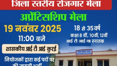 “शासकीय आईटीआई कुरई में आयोजित होने वाले जिला स्तरीय रोजगार एवं अप्रेंटिसशिप मेले की सूचना पोस्टर।