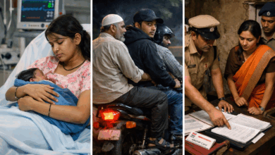 प्रतीकात्मक फोटो में अस्पताल में नाबालिग से प्रसव, आरोपी को मोटरसाइकिल से फरार कराए जाने का दृश्य और पुलिस व आंगनवाड़ी कार्यकर्ता द्वारा दस्तावेज़ों की जांच दर्शाई गई है।
