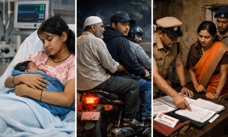 प्रतीकात्मक फोटो में अस्पताल में नाबालिग से प्रसव, आरोपी को मोटरसाइकिल से फरार कराए जाने का दृश्य और पुलिस व आंगनवाड़ी कार्यकर्ता द्वारा दस्तावेज़ों की जांच दर्शाई गई है।