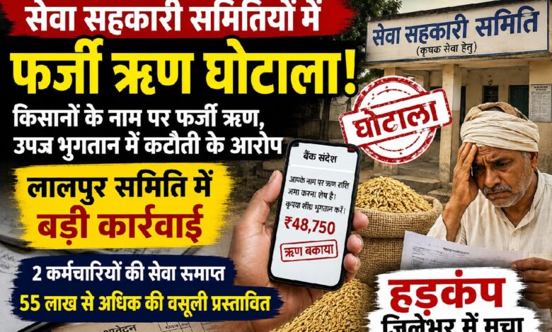 सिवनी जिले की सेवा सहकारी समितियों में फर्जी ऋण घोटाले का थंबनेल, किसान चिंतित मुद्रा में, बैंक संदेश और सरकारी समिति भवन के साथ बड़ी अनियमितताओं का संकेत