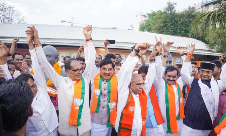 BJP victory celebration Bhopal Mohan Yadav Hemant Khandelwal workers celebration NDA win