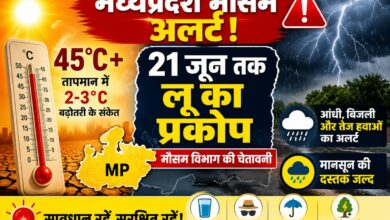 मध्यप्रदेश मौसम अलर्ट 2026, 21 जून तक लू का प्रकोप, 45 डिग्री से अधिक तापमान, आंधी-तूफान और बिजली गिरने की चेतावनी, मानसून की दस्तक जल्द।