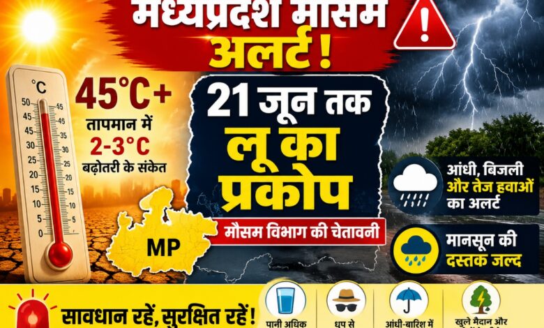 मध्यप्रदेश मौसम अलर्ट 2026, 21 जून तक लू का प्रकोप, 45 डिग्री से अधिक तापमान, आंधी-तूफान और बिजली गिरने की चेतावनी, मानसून की दस्तक जल्द।