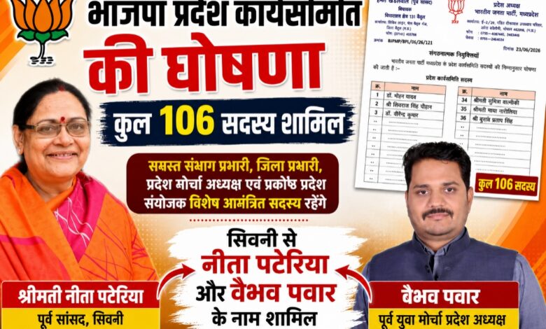 भाजपा प्रदेश कार्यसमिति सदस्य बनीं नीता पटेरिया और वैभव पवार