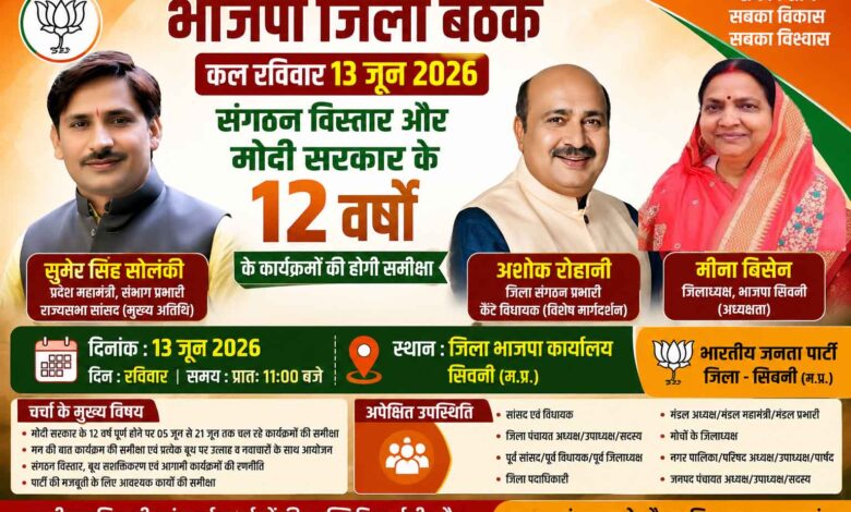 भाजपा जिला बैठक सिवनी में राज्यसभा सांसद सुमेर सिंह सोलंकी, विधायक अशोक रोहानी और जिलाध्यक्ष मीना बिसेन