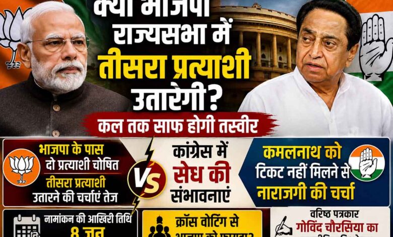 प्रधानमंत्री नरेंद्र मोदी की तस्वीर के साथ भाजपा के तीसरे राज्यसभा प्रत्याशी को लेकर राजनीतिक चर्चाओं पर आधारित न्यूज थंबनेल।