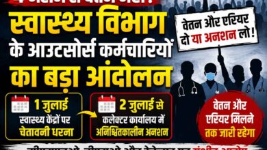 छिंदवाड़ा में बकाया वेतन की मांग को लेकर स्वास्थ्य विभाग के आउटसोर्स कर्मचारियों का विरोध प्रदर्शन।