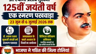 भाजपा ने डॉ. श्यामा प्रसाद मुखर्जी जयंती संस्मरण पक्ष, आपातकाल स्मृति कार्यक्रम एवं डिजिटल प्रशिक्षण अभियान के लिए जिला टोलियों का गठन किया | Dainik Yashonnati डॉ. श्यामा प्रसाद मुखर्जी की 125वीं जयंती वर्ष पर भाजपा द्वारा आयोजित संस्मरण पक्ष एवं जिला टोलियों के गठन का पोस्टर