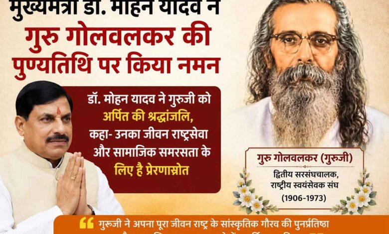 मुख्यमंत्री डॉ. मोहन यादव द्वारा गुरु गोलवलकर की पुण्यतिथि पर श्रद्धांजलि अर्पित करते हुए बनाया गया श्रद्धांजलि पोस्टर।