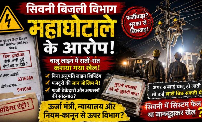 सिवनी में विवादित विद्युत लाइन शिफ्टिंग कार्य और बिजली विभाग में अनियमितताओं का प्रतीकात्मक दृश्य