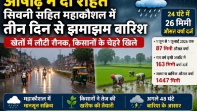 सिवनी में लगातार हो रही मानसूनी बारिश के दौरान भीगती सड़कें और सक्रिय मानसून का दृश्य।