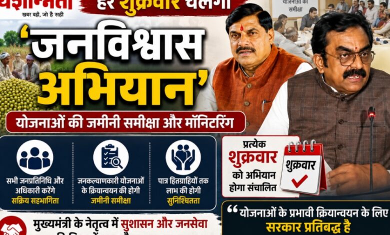 मुख्यमंत्री डॉ. मोहन यादव और मंत्री राकेश सिंह जनविश्वास अभियान की जानकारी देते हुए।
