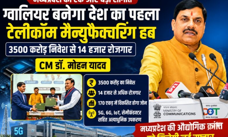 ग्वालियर में देश के पहले टेलीकॉम मैन्युफैक्चरिंग जोन के एमओयू कार्यक्रम में मुख्यमंत्री डॉ. मोहन यादव और केंद्रीय मंत्री ज्योतिरादित्य सिंधिया।