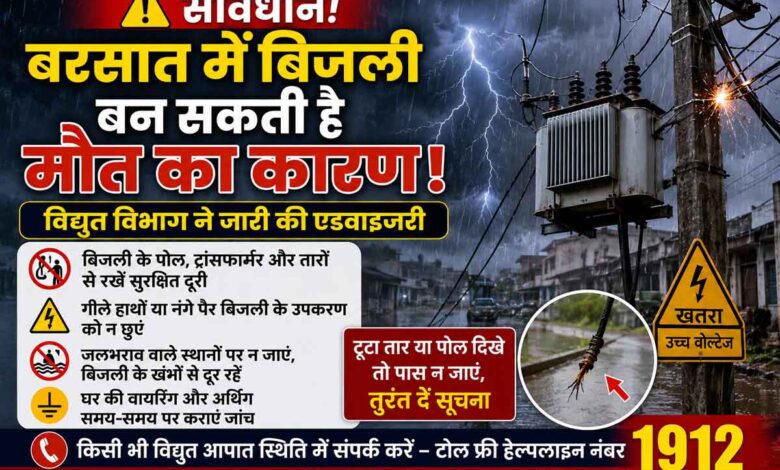 बरसात के दौरान बिजली के पोल, ट्रांसफार्मर और टूटे तारों से सावधानी बरतने की अपील करता विद्युत सुरक्षा संदेश