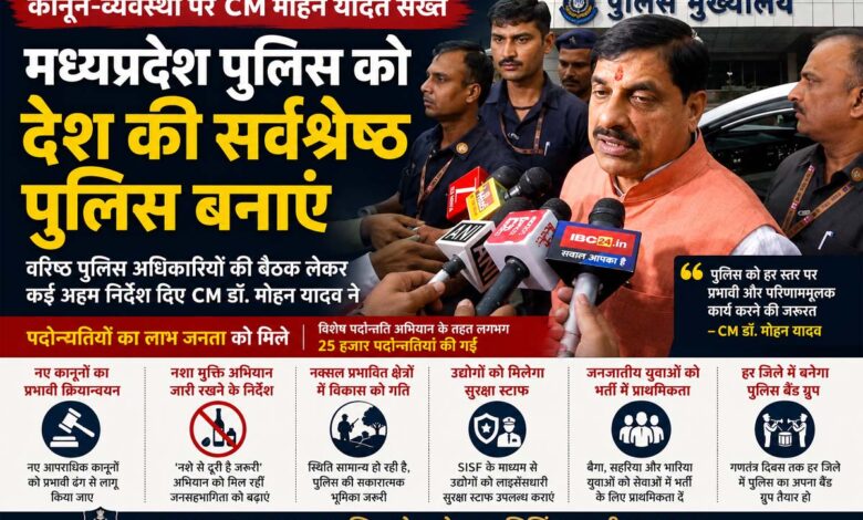 भोपाल पुलिस मुख्यालय में वरिष्ठ पुलिस अधिकारियों की बैठक लेते मुख्यमंत्री डॉ. मोहन यादव।