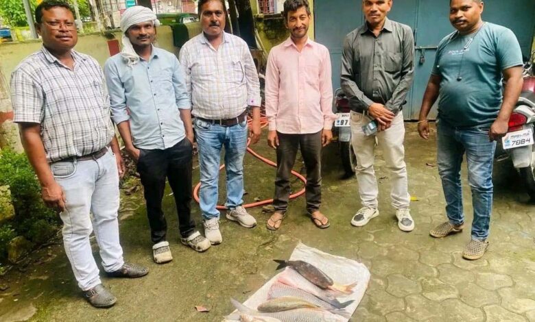 मंडला में अवैध मत्स्याखेट के खिलाफ कार्रवाई करते हुए मत्स्य विभाग की टीम