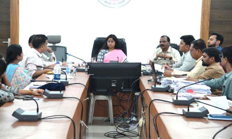 सिवनी कलेक्ट्रेट में नजूल निवर्तन समिति की बैठक की अध्यक्षता करतीं कलेक्टर नेहा मीना