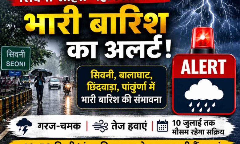 सिवनी सहित महाकौशल क्षेत्र में भारी बारिश और तेज हवाओं की चेतावनी के बीच वर्षा का दृश्य।