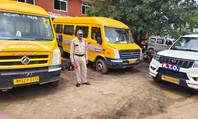सिवनी जिले में परिवहन विभाग द्वारा स्कूल वाहनों की जांच करते अधिकारी।