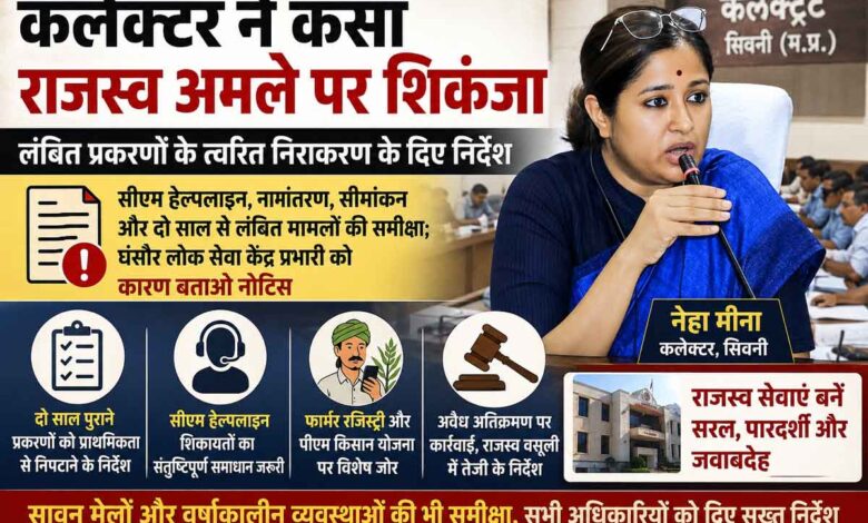 सिवनी कलेक्टर नेहा मीना राजस्व विभाग की समीक्षा बैठक में अधिकारियों को निर्देश देते हुए