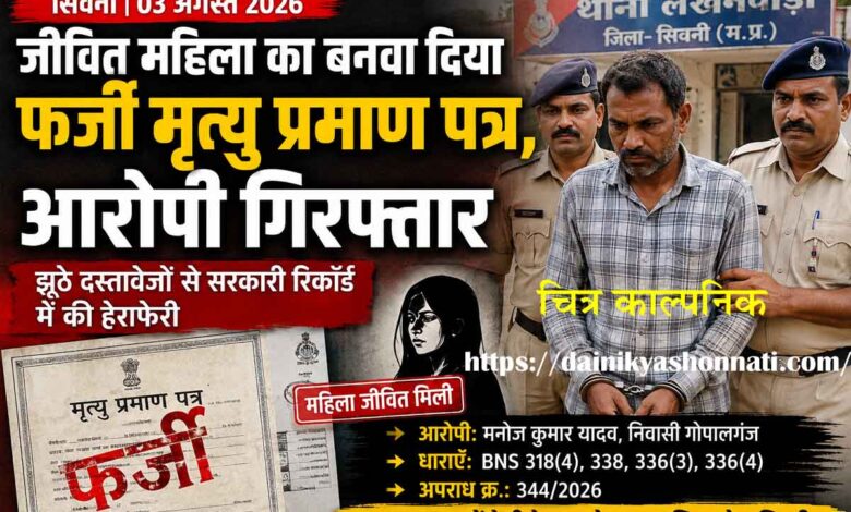 लखनवाड़ा थाना पुलिस द्वारा फर्जी दस्तावेजों से जीवित महिला का मृत्यु प्रमाण पत्र बनवाने के आरोपी को गिरफ्तार करते पुलिस अधिकारी