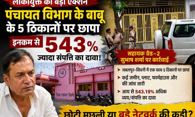 सिवनी में पदस्थ पंचायत विभाग के सहायक ग्रेड-2 सुभाष शर्मा के जबलपुर स्थित आवास पर लोकायुक्त की छापामार कार्रवाई