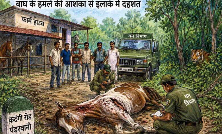 सिवनी के पंडरवानी गांव में फार्म हाउस के पास जंगल किनारे मृत मिला पालतू घोड़ा, बाघ के हमले की आशंका के बाद जांच करती वन विभाग की टीम