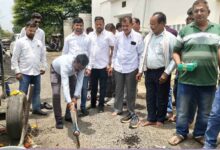 छिंदवाड़ा के सर्रा पूजा साईं परिसर कॉलोनी में सीसी रोड निर्माण का भूमिपूजन करते महापौर विक्रम अहके
