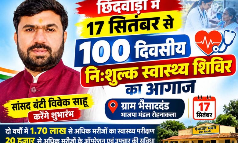 सांसद बंटी विवेक साहू 17 सितंबर को भैसादंड से 100 दिवसीय नि:शुल्क स्वास्थ्य शिविरों का शुभारंभ करेंगे