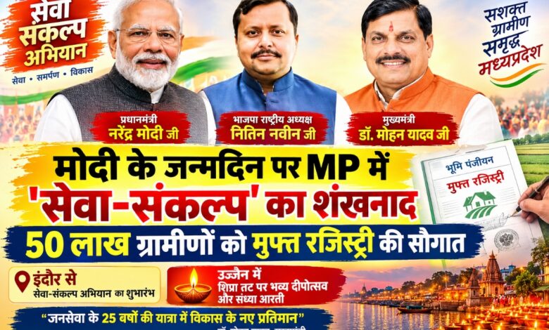 प्रधानमंत्री नरेंद्र मोदी, भाजपा राष्ट्रीय अध्यक्ष नितिन नवीन और मुख्यमंत्री डॉ. मोहन यादव सेवा-संकल्प अभियान