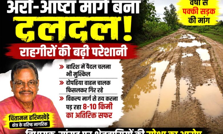 बारिश में दलदल में तब्दील अरी-आष्टा मार्ग