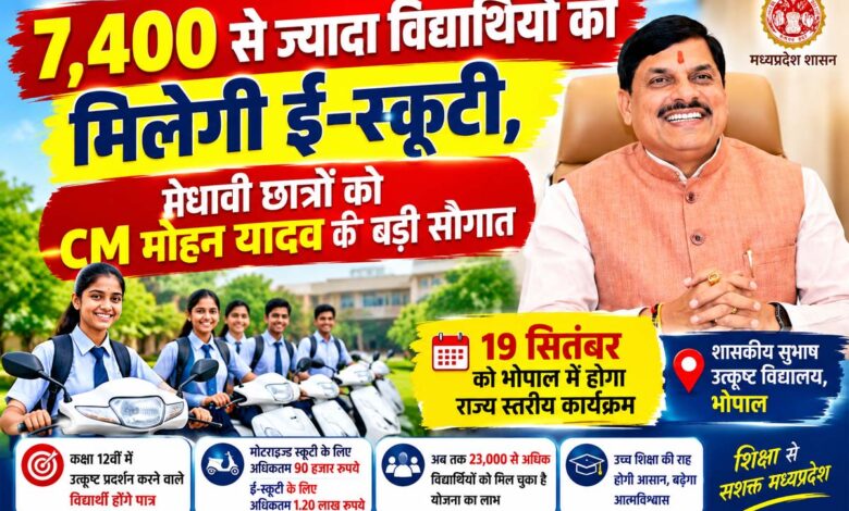 मुख्यमंत्री डॉ. मोहन यादव मुख्यमंत्री स्कूटी योजना के तहत विद्यार्थियों को ई-स्कूटी वितरित करते हुए