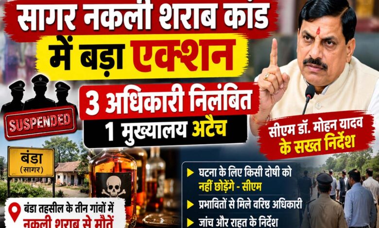सागर नकली शराब कांड में बड़ा एक्शन: 3 अधिकारी निलंबित, एक मुख्यालय अटैच | Dainik Yashonnati सागर नकली शराब कांड